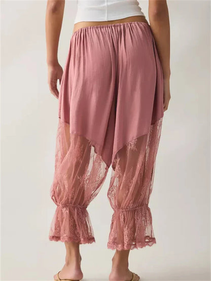 Women Loose Fit Bloomers Cropped Pants | High Waist | Floral Lace | Lantern Trousers