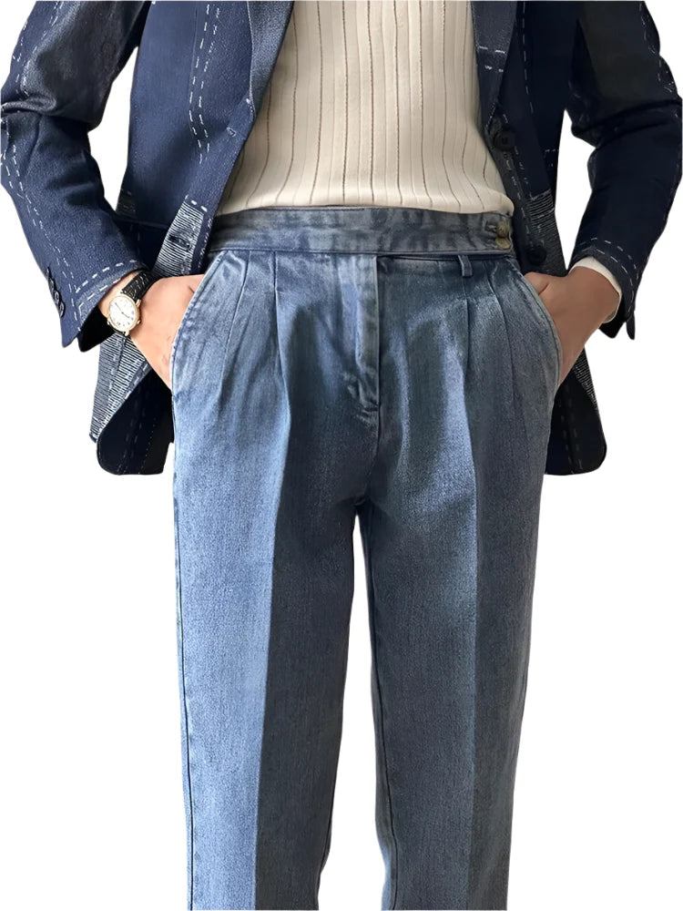 Men Naples Denim Trousers | Washed Denim Pants | Slim Fit Draped Straight Jeans Blue
