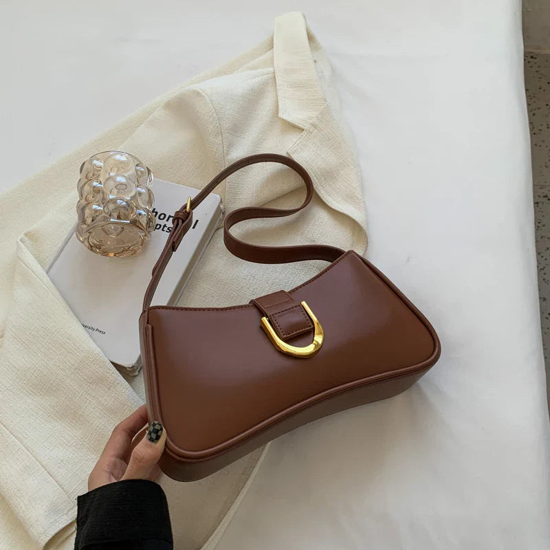 Women Leather Saddle Buckle Shoulder Bag Brown