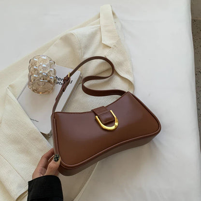 Women Leather Saddle Buckle Shoulder Bag Brown
