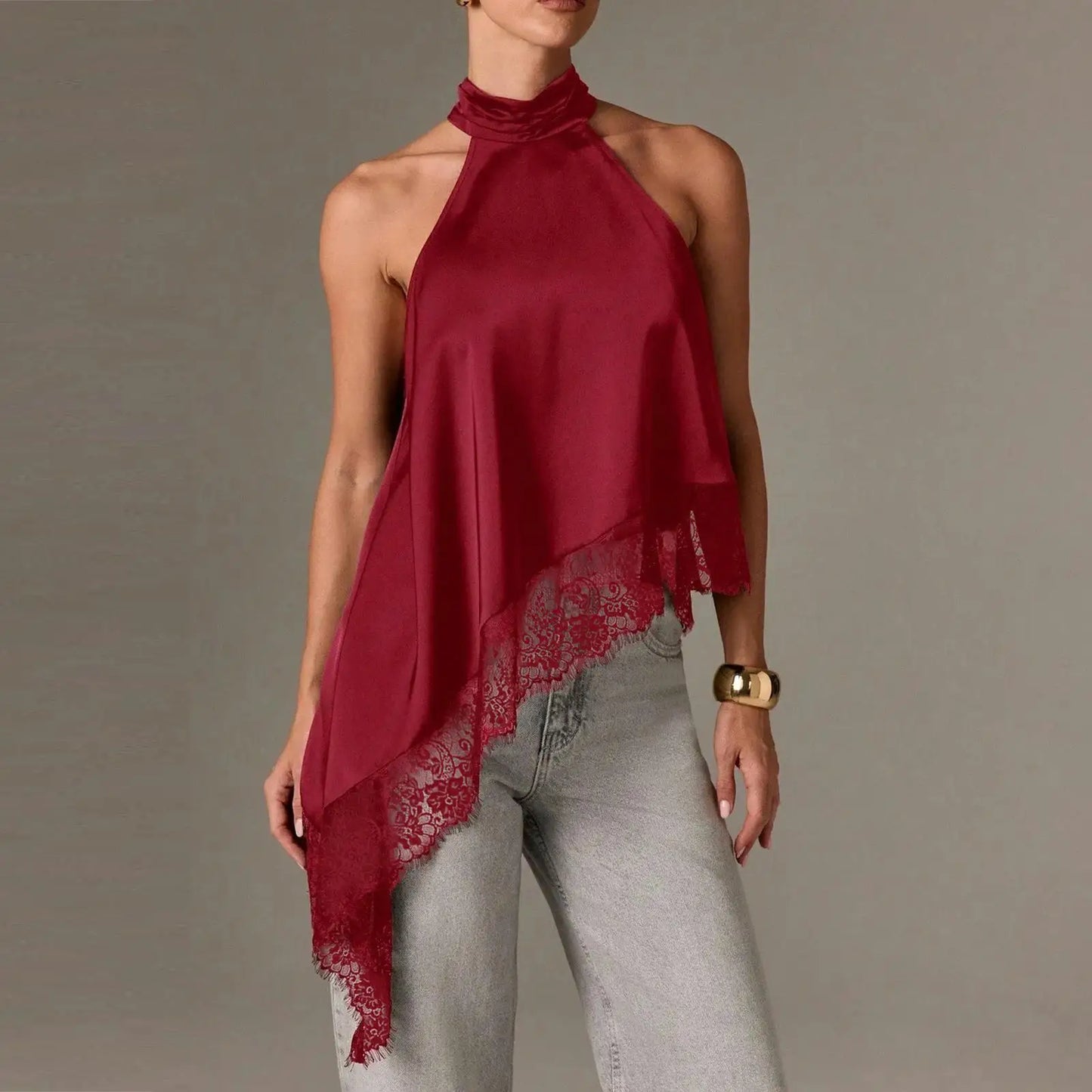 Women Asymmetrical Lace Satin Top | Silk Vest | Draped Choker | Halter Neck | Cami