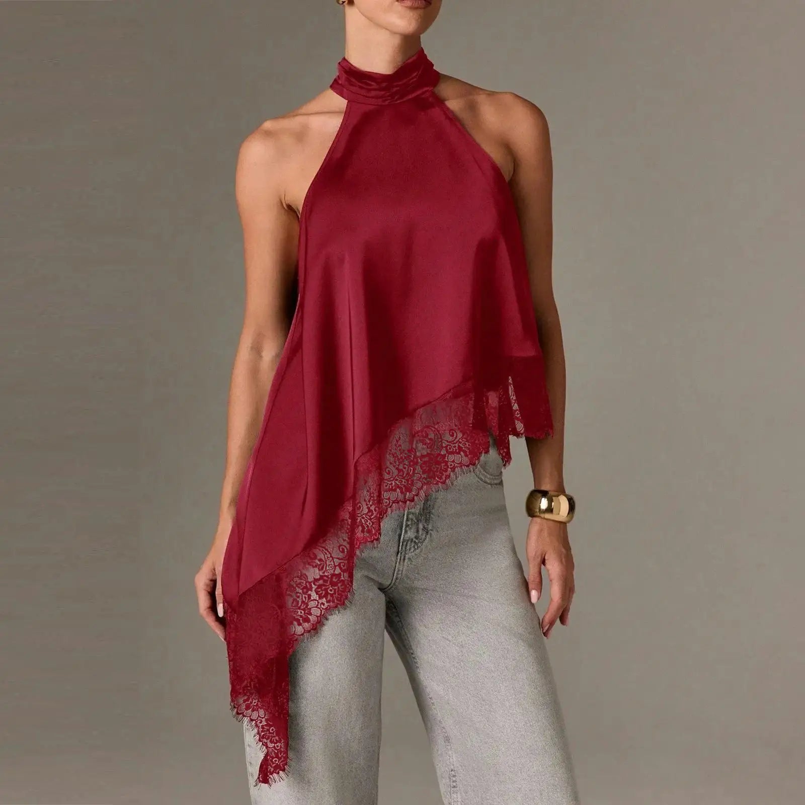 Women Asymmetrical Lace Satin Top | Silk Vest | Draped Choker | Halter Neck | Cami