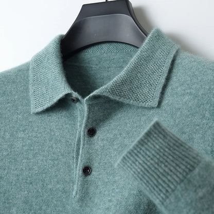 Men Merino Wool Polo Pullover | Knit Warm Top | Winter Polo Collar T-shirt green