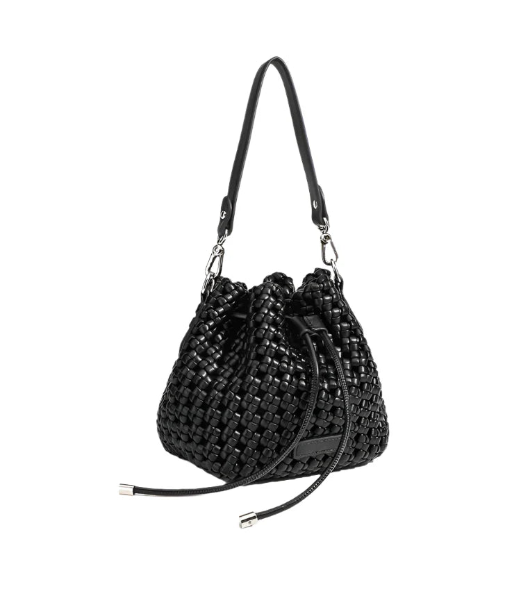 Women Leather Hollow Cut Woven Crossbody Bag Black