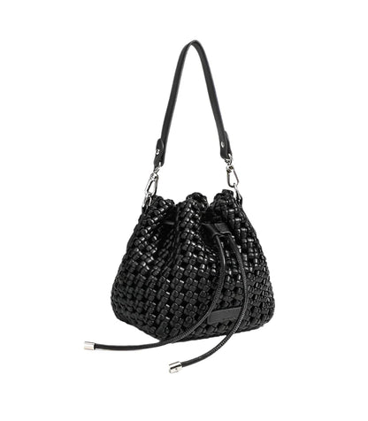 Women Leather Hollow Cut Woven Crossbody Bag Black