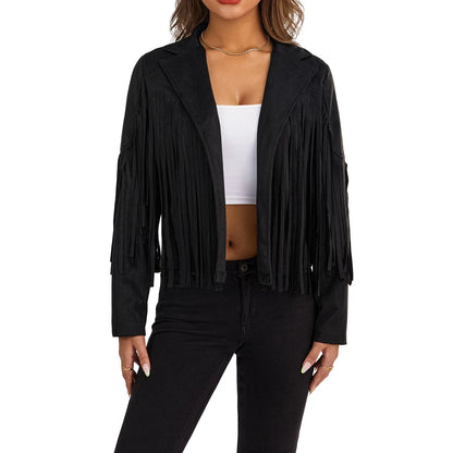 Women Cropped Spring Fringe Jacket | Tassel Jacket black