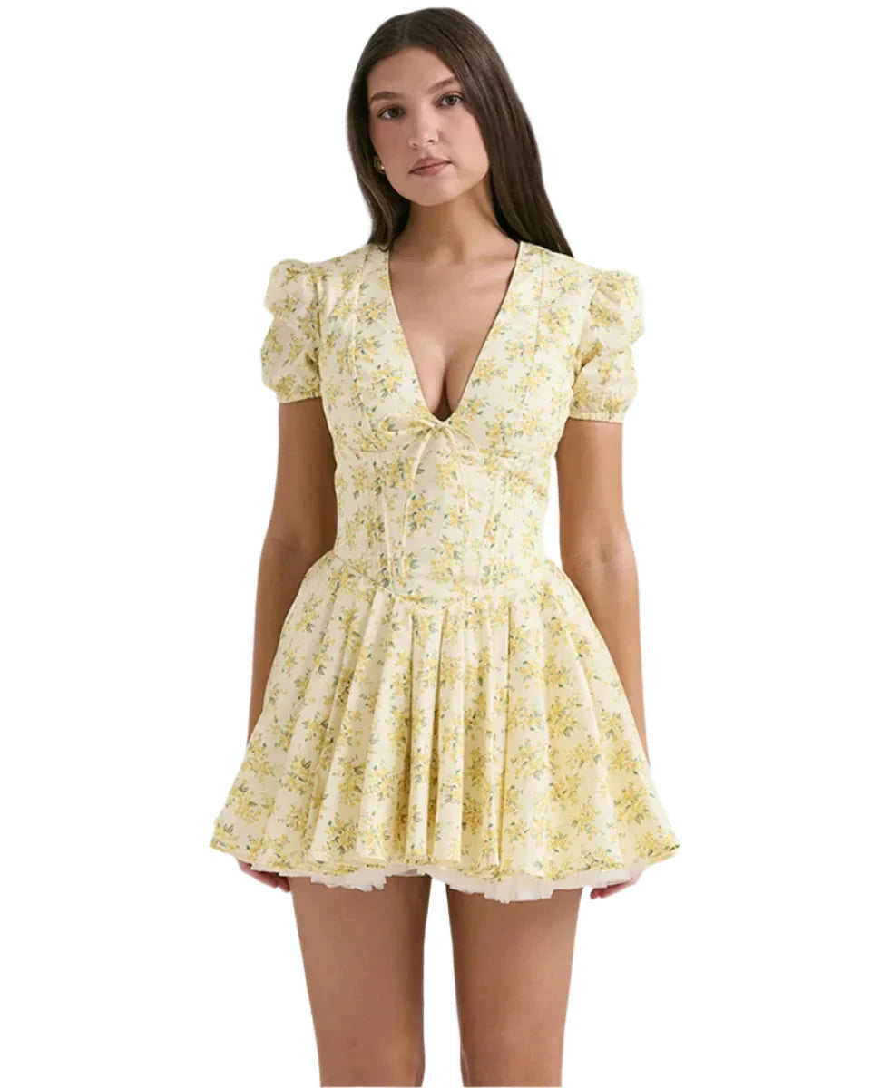 Women Yellow Floral A Line Printed Summer Dress | Casual V Neck Puff Sleeve Tulle Dress Yellow
