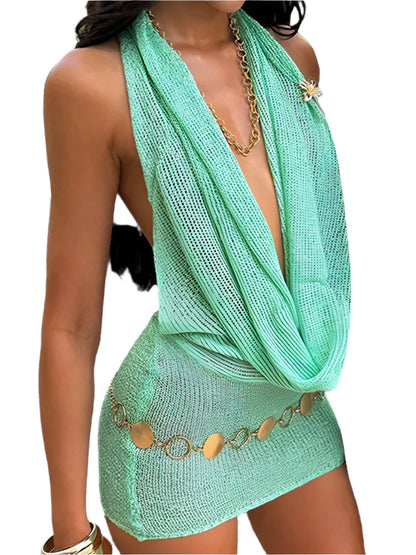 Women Stacked V Neck Knit Mini Dress | Summer Party Dress | Backless | Sleeveless | Holiday Cyan