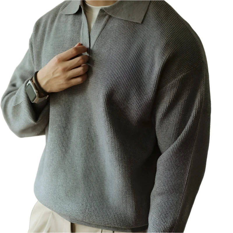 Men Polo Knitted Sweater | Long Sleeve V-Neck Casual Knitwear Gray