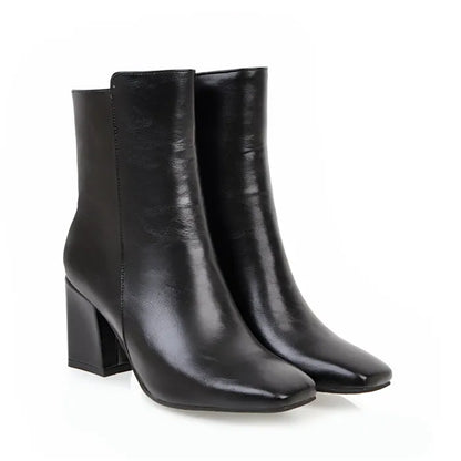 Women Winter Ankle Zipper Boots | High Block Heel Boots Black