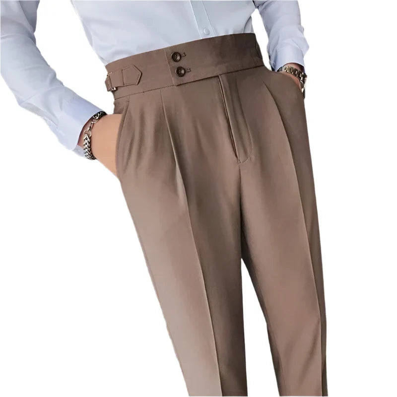 Men Vintage Pencil Pants | High Waisted Suit Pant | Slim Fit Pants with Buttons | Business Casual Straight Trousers Coffee
