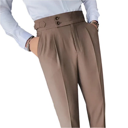 Men Vintage Pencil Pants | High Waisted Suit Pant | Slim Fit Pants with Buttons | Business Casual Straight Trousers Coffee