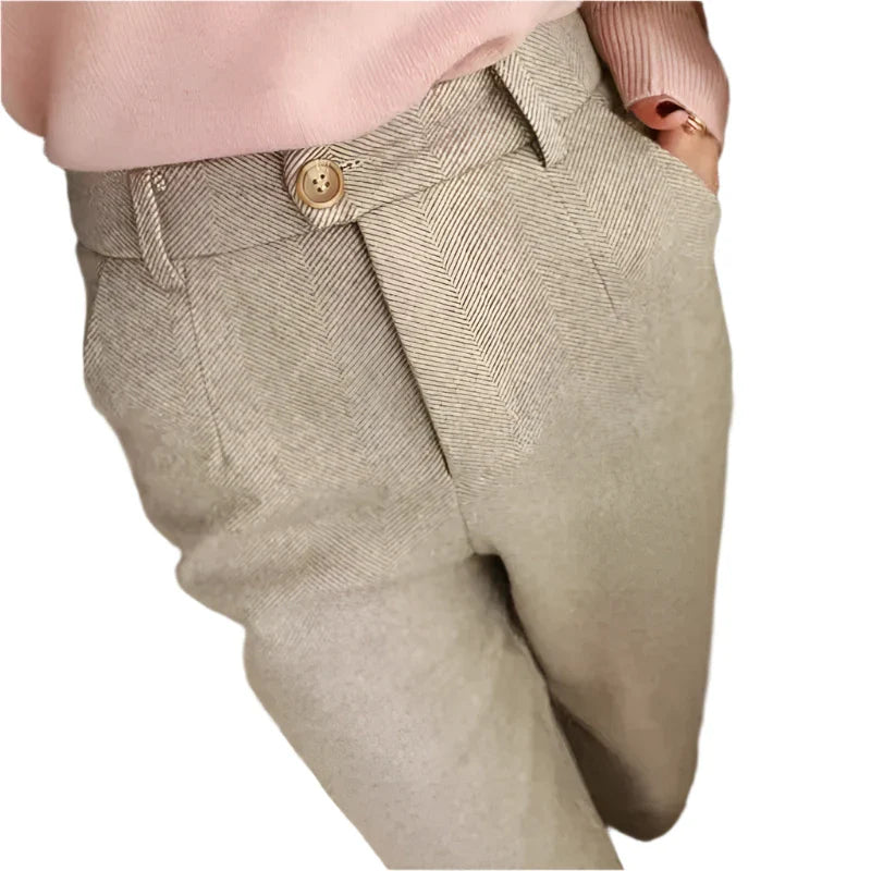 Women High Waisted Woolen Pants | Casual Wool Blend Trousers | Office Pencil Pantalones Beige