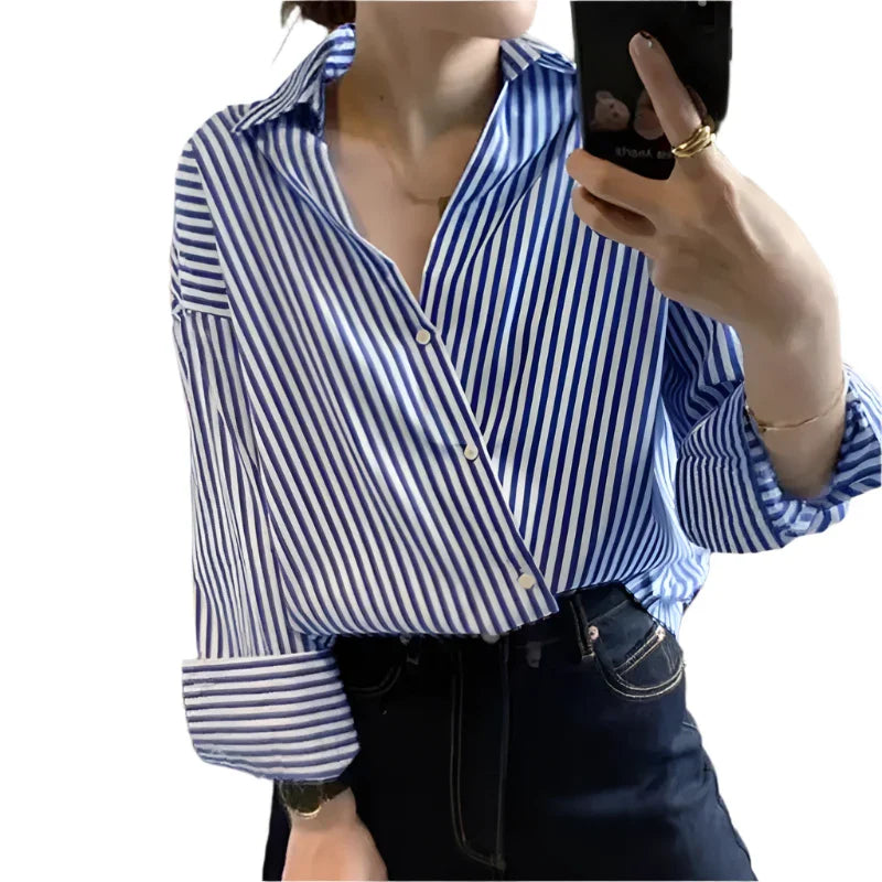Women Striped Long Sleeve Loose Oversized Blouse | Vintage Button-Up Top Slanted-Blue