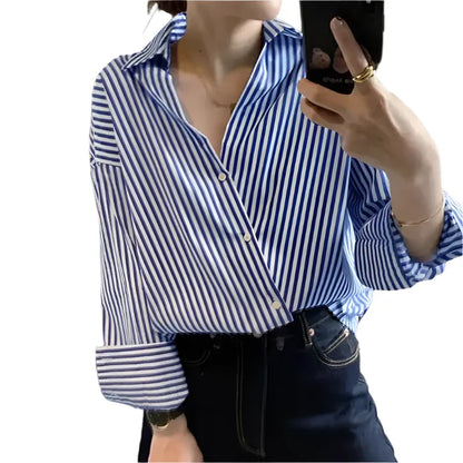 Women Striped Long Sleeve Loose Oversized Blouse | Vintage Button-Up Top Slanted-Blue