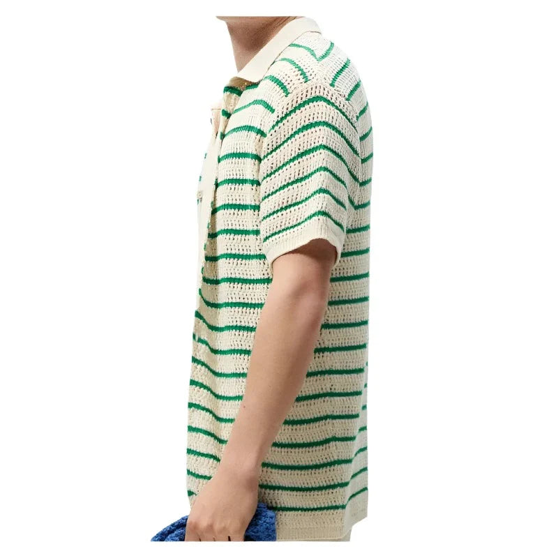 Men Knit Button Down Shirt | Men Breathable Hollow Striped Summer Shirt