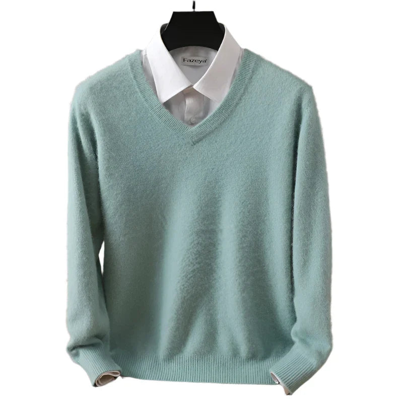 Men Cashmere V-Neck Pullover | Cashmere Knitted Sweater | Mink Winter Long Sleeve Top Mint green