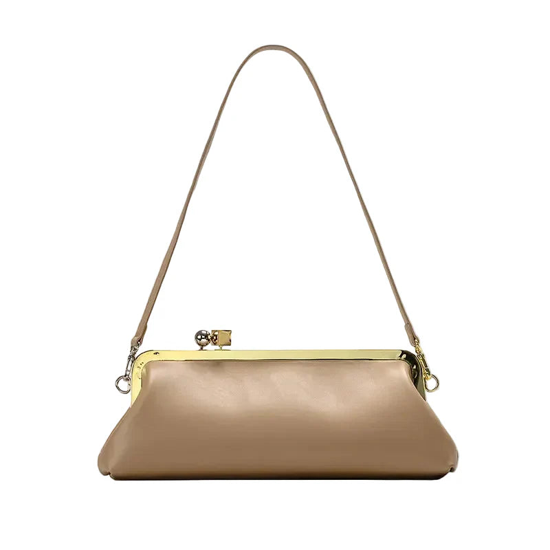 Women Leather Kiss Lock Bag | Long Clutch Bag | Luxury Shoulder Bag | Elegant Party Purse | Underarm Bag Khaki