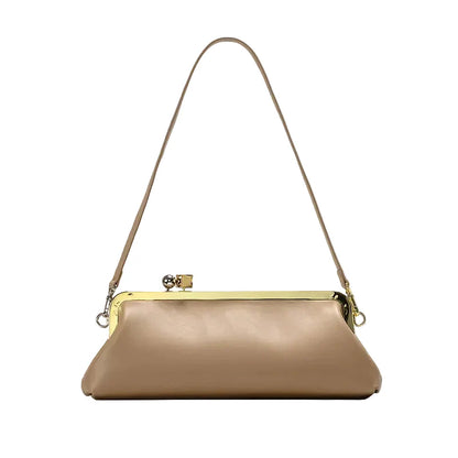 Women Leather Kiss Lock Bag | Long Clutch Bag | Luxury Shoulder Bag | Elegant Party Purse | Underarm Bag Khaki