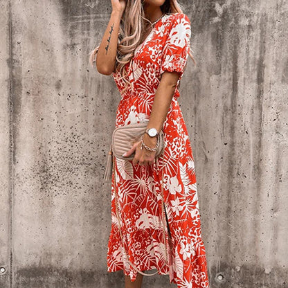 Poppy | Women's Floral Midi Dress V-Neck Smocked Waist Side Split