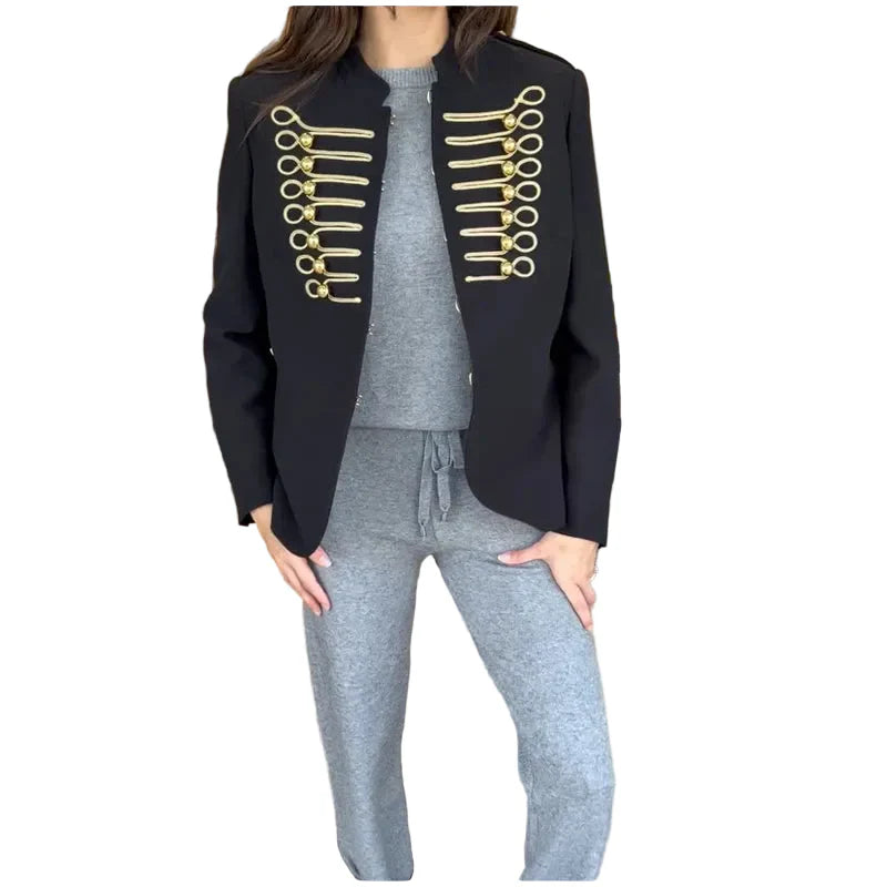 Women Black Napoleon Style Jacket | Stand Collar | Single Breasted | Cropped Coat