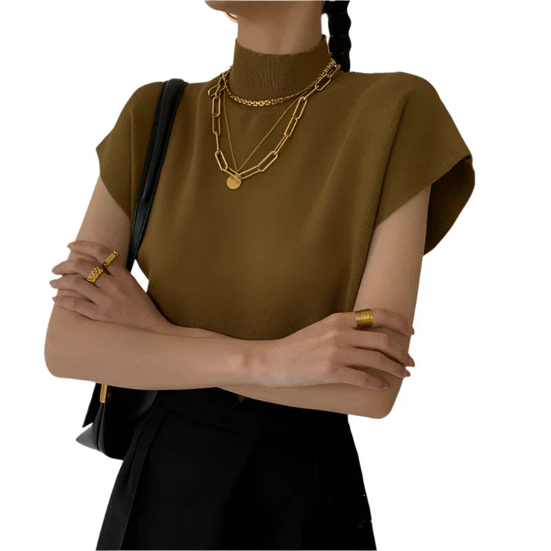 Women Office Blouse | Short Sleeves High Neck | Knitted Vest Top Mustard One Size