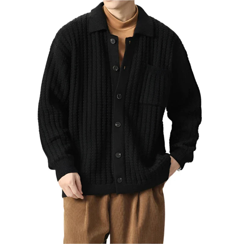 Men Warm Knitted Cardigan | Pleated Soft Turn-Down Collar Knitwear black