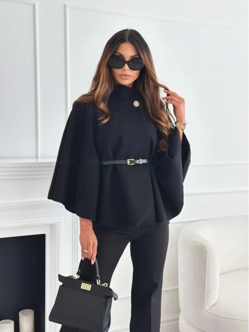 Women Batwing Sleeve Coat | Waist Cinching Poncho | Thick | Warm | Single Buckle Black