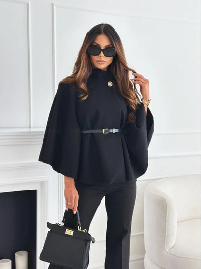 Women Batwing Sleeve Coat | Waist Cinching Poncho | Thick | Warm | Single Buckle Black