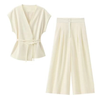 Women Sleeveless V-Neck Top With Belt Straight Pants Set | Top Trouser Suit | 2 Piece Set