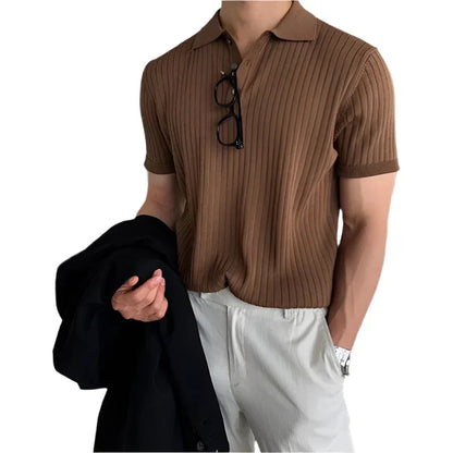 Men Retro Ribbed Polo Shirt | Knitted Short Sleeve Solid Polo T-shirt | Striped Knitwear brown