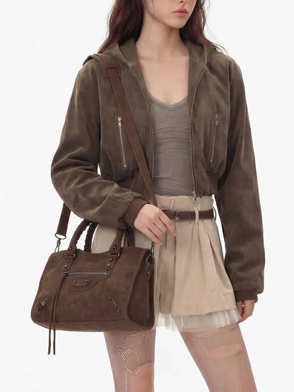 Women Paris Retro Motorcycle Bag | Large Capacity | Suede Leather Bag | Crossbody