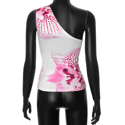 Women Floral Print Fitted Top | One Shoulder | Backless Tank Top | Summer Top