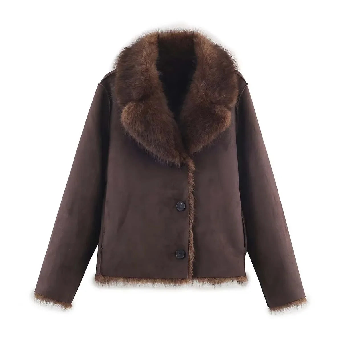 Women Winter Fur Jacket | Long Sleeves | Double-Sided | Thick | Warm Coat | Reversible Jacket Brown
