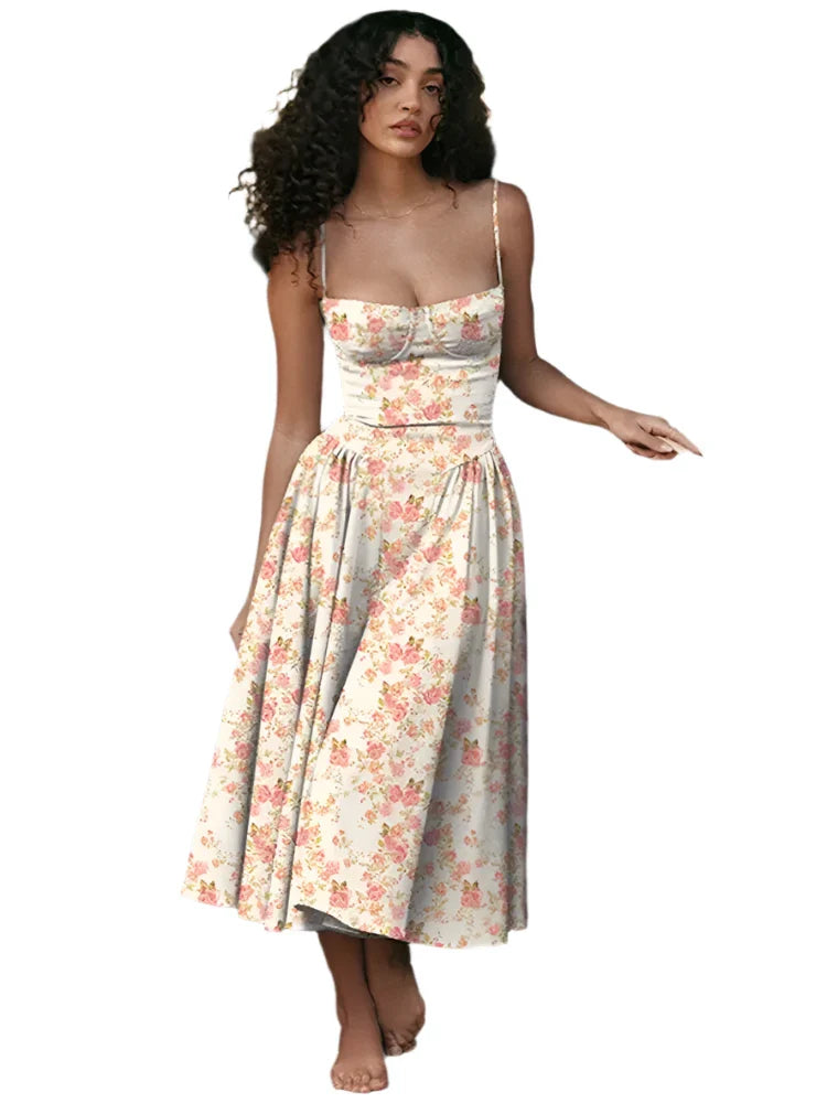 Women Floral Printed Pleated Sling Summer Maxi Dress Printed