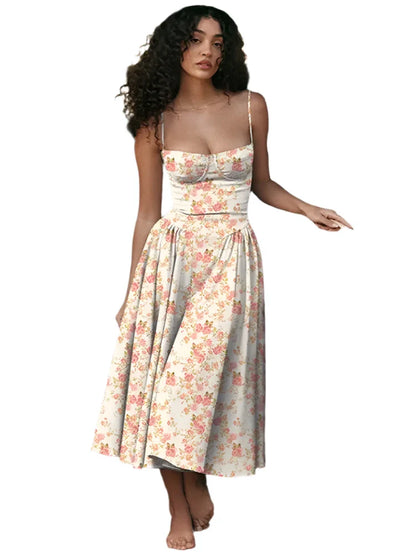 Women Floral Printed Pleated Sling Summer Maxi Dress Printed