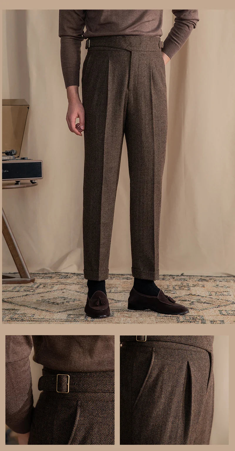 Men Vintage Wool Herringbone Pattern Pants | Casual | British | Warm | High Waist | Straight Pants