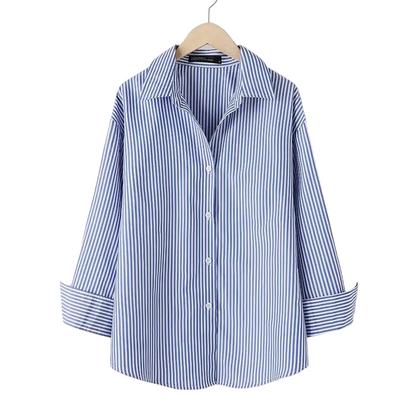 Women Striped Long Sleeve Loose Oversized Blouse | Vintage Button-Up Top Blue