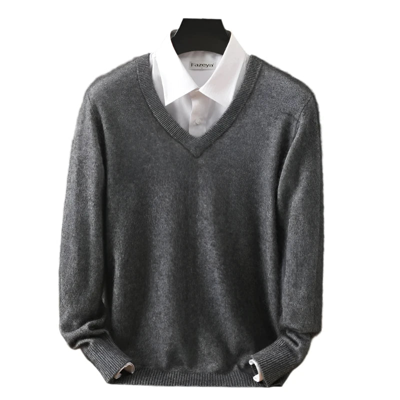 Men Cashmere V-Neck Pullover | Cashmere Knitted Sweater | Mink Winter Long Sleeve Top
