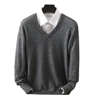 Men Cashmere V-Neck Pullover | Cashmere Knitted Sweater | Mink Winter Long Sleeve Top