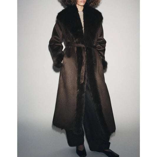 Women Winter Long Coat | Fur Collar | Belted | Mid-Length