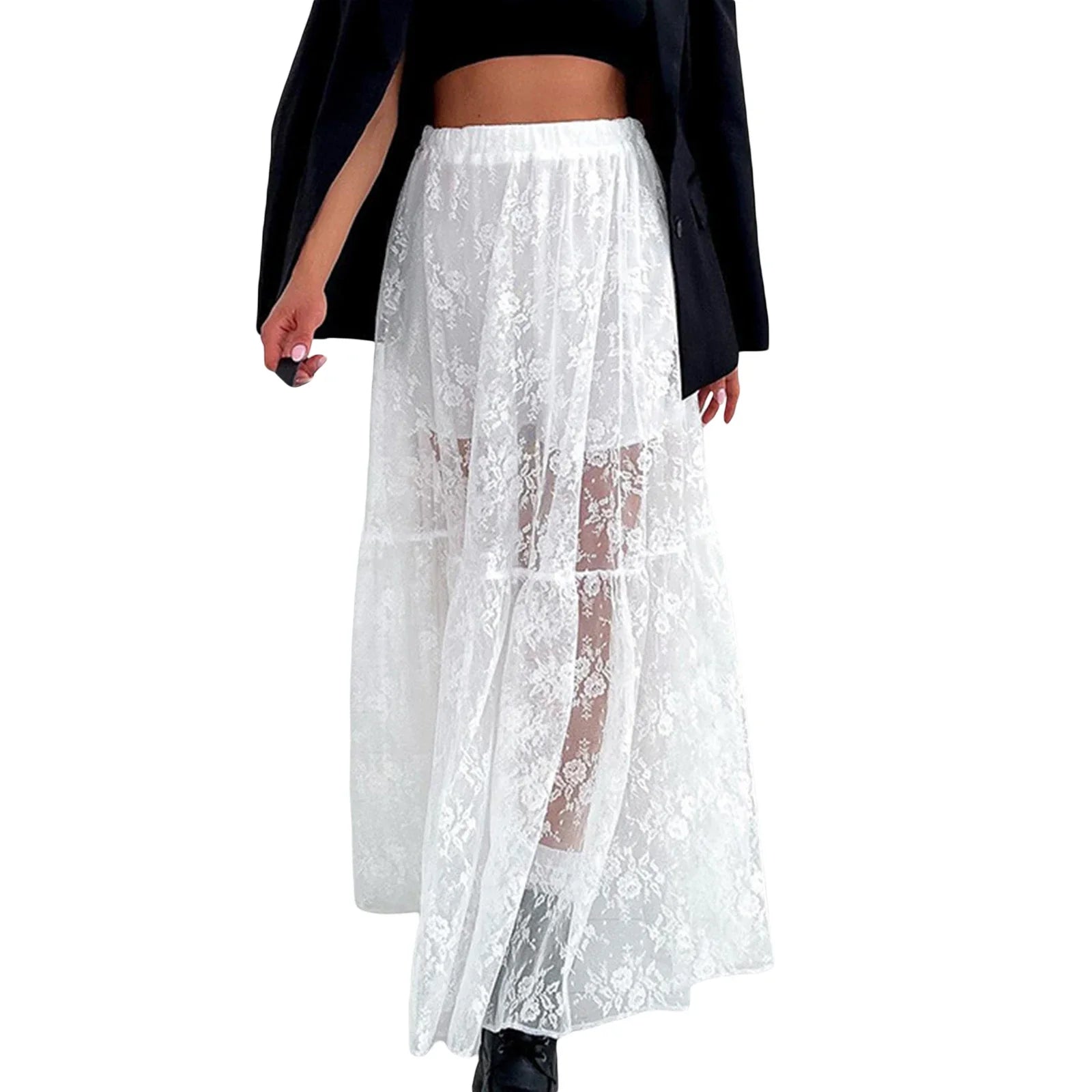 Women See-Through Lace A-Line Skirt | Casual Summer Long Skirt | Beach Skirt | Vacation white