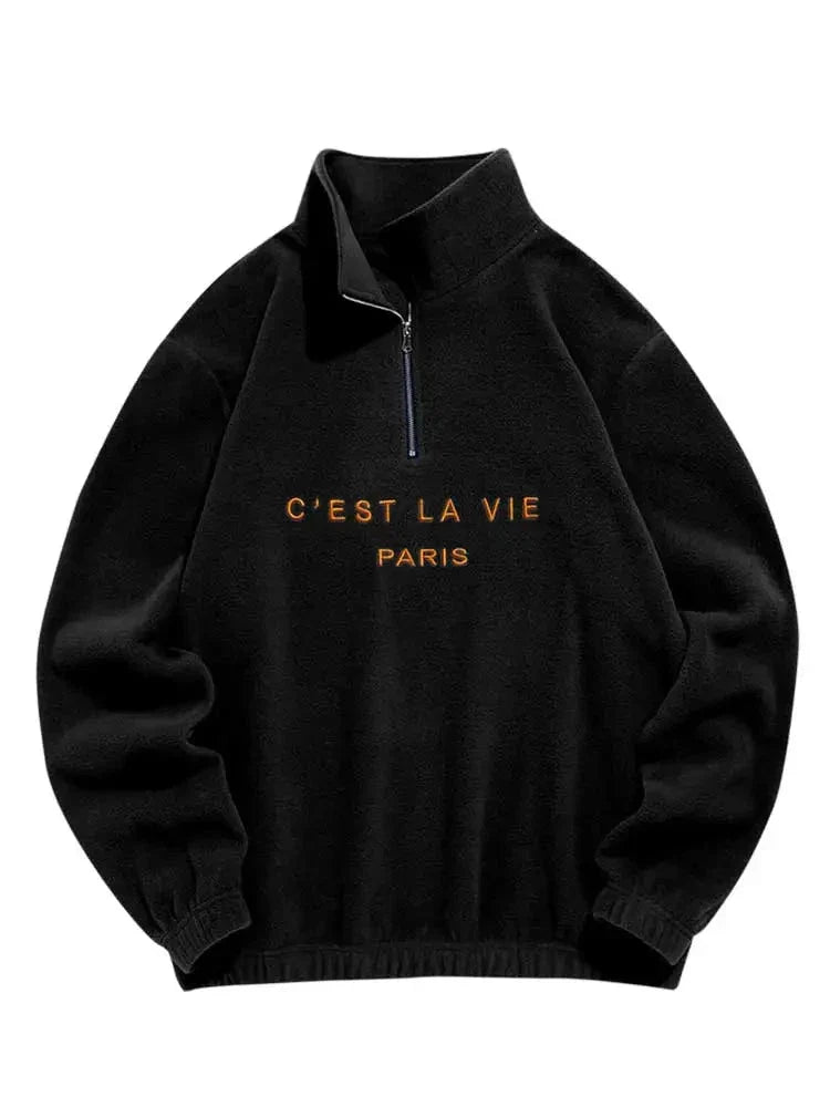 Men Black Hoodie | Fuzzy Polar Fleece Sweatshirt | Embroidered Turtleneck Zipper Pullover Black