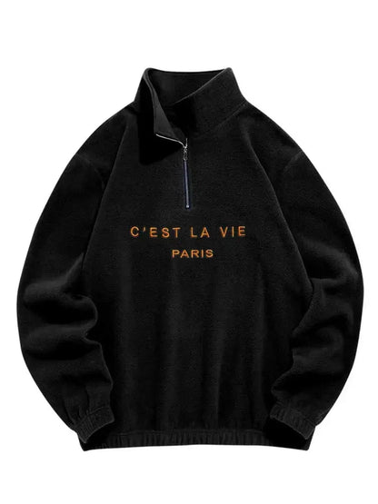 Men Black Hoodie | Fuzzy Polar Fleece Sweatshirt | Embroidered Turtleneck Zipper Pullover Black