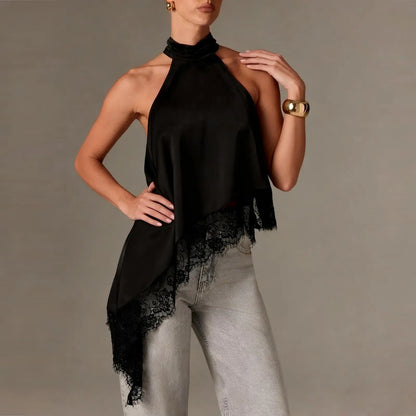 Women Asymmetrical Lace Satin Top | Silk Vest | Draped Choker | Halter Neck | Cami Black