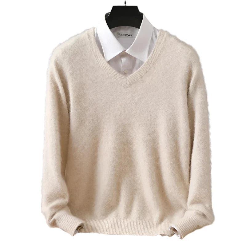 Men Cashmere V-Neck Pullover | Cashmere Knitted Sweater | Mink Winter Long Sleeve Top Beige
