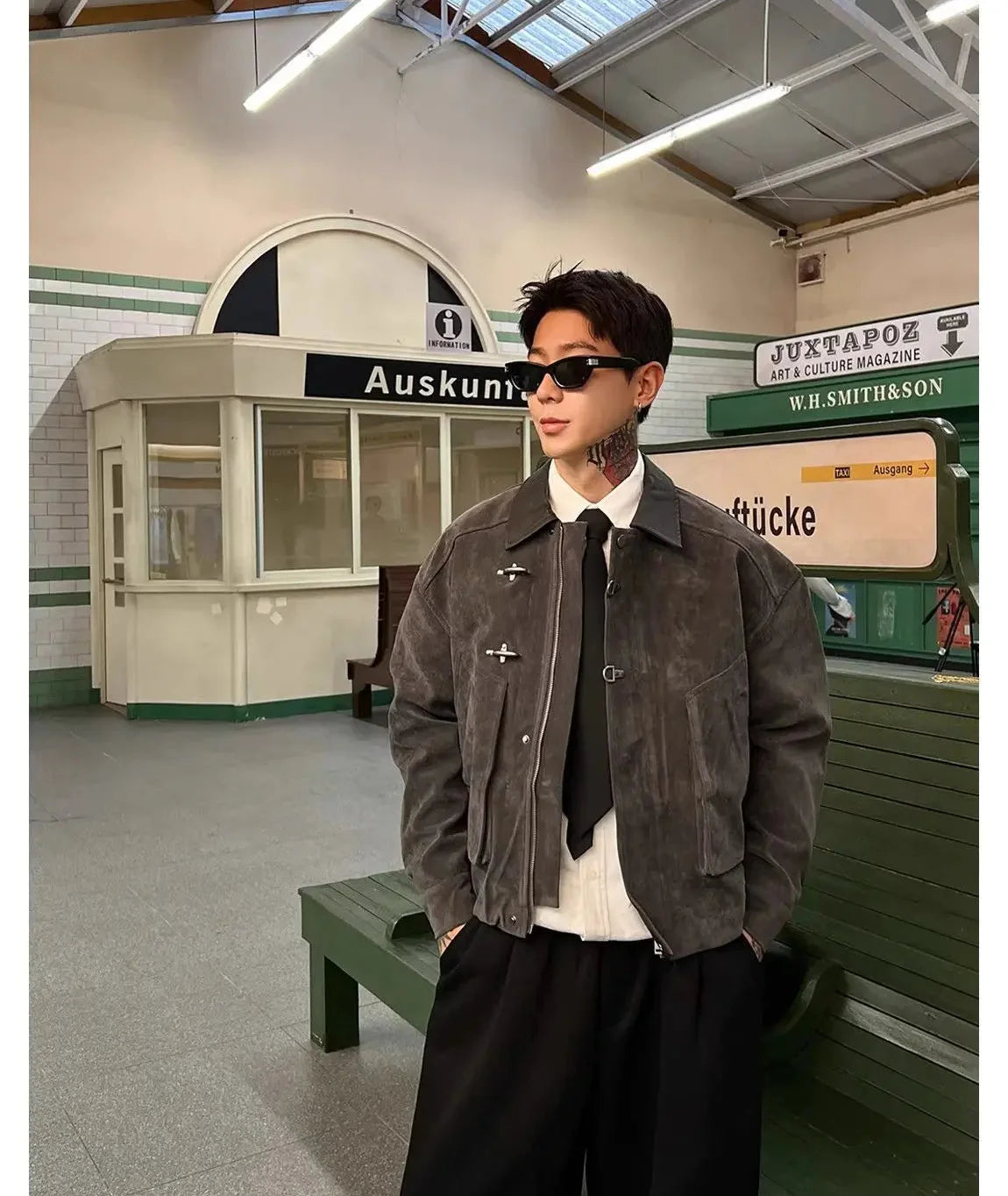 Men Suede Jacket | Loose Collar | Airplane Buckle