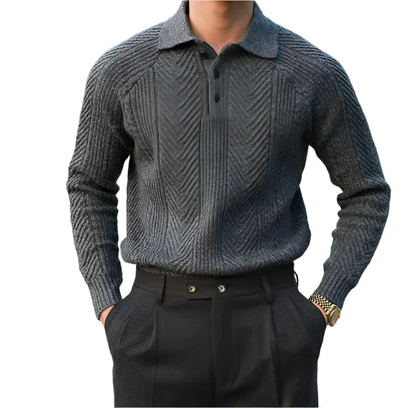Men Textured Knitted Polo Long Sleeved Sweater | Zipper Jumper Winter Top Dark Grey
