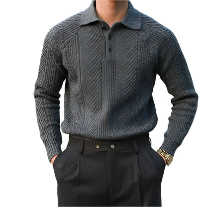 Men Textured Knitted Polo Long Sleeved Sweater | Zipper Jumper Winter Top Dark Grey