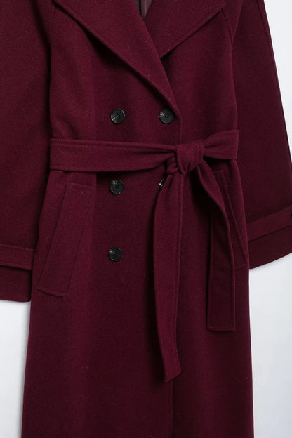 Women Burgundy Overcoat with Belt | Warm Winter Trench Coat